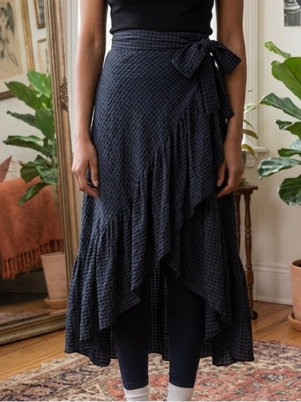 Womens High-Low Wrap Skirt in Black Plaid